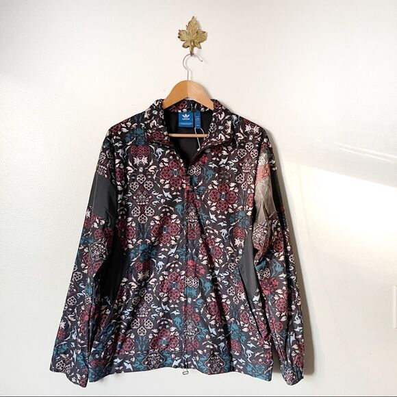 Adidas Red Black Floral Full Zip windbreaker jacket NWOT large RARE PRINT - Picture 1 of 8